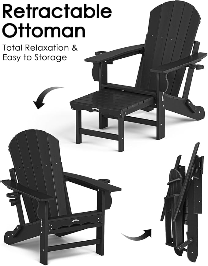 Folding Adirondack Chair with Ottoman, Recyclable HDPE Adirondack Patio Chair with 2 Cup Holder, Outdoor Fire Pit Chairs with Pull Out Footrest, Weather Resistant for Garden, Deck, Poolside,Black