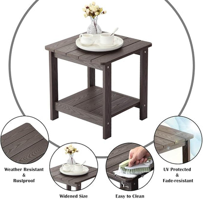 hOmeHua Weather Resistant Side Table, 17 inch Square 2-Layer Structure Wide Desktop, Imitation Wood Stripes, Easy to Assemble & Maintain, Suitable for All Indoor & Outdoor Places- Dark Brown