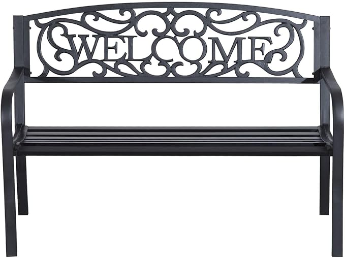 Metal Outdoor Garden Bench with Welcome Design