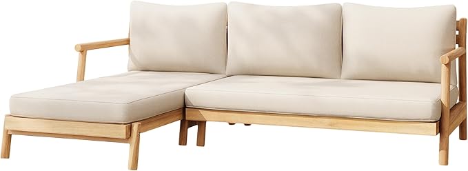 Christopher Knight Home Jorine Outdoor Acacia Wood Sofa, 78" L Shaped Sofa Set, Chaise Lounge and Loveseat Set, 3 Seater Couch, Patio Lounge, Upholstered Couch for Patio Backyard Garden, Teak+Beige