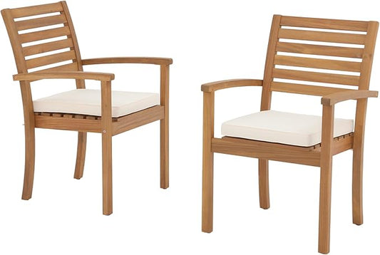 OC Orange-Casual Stackable Patio Dining Chairs Set of 2, Outdoor Acacia Wooden Chairs w/Armrest & Removeable Fabric Cushion, for Porch, Backyard, Garden, Indoor, Beige