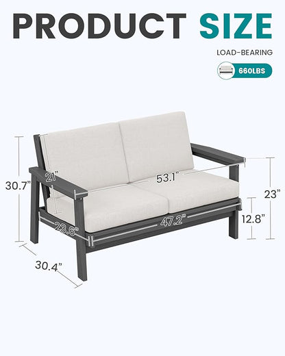 SERWALL HDPE Outdoor Patio Loveseat, Grey Frame and Khaki Cushion