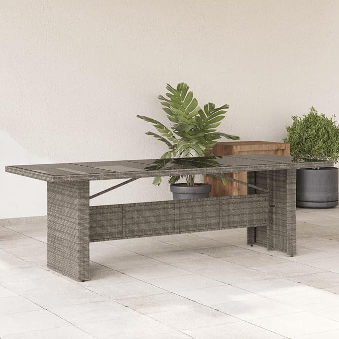 vidaXL Patio Dining Table - Gray Poly Rattan & Tempered Glass - Outdoor Garden/Lawn Furniture for Patio/Deck - Photo 2