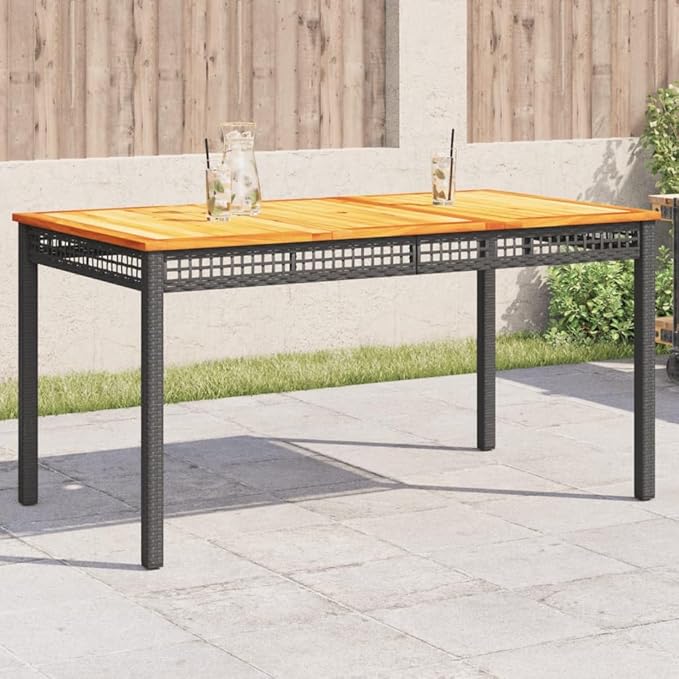 Contemporary Rectangular Garden Table Black and Brown Outdoor Dining Set with Acacia Wood Top and Poly Rattan Seating - Photo 1