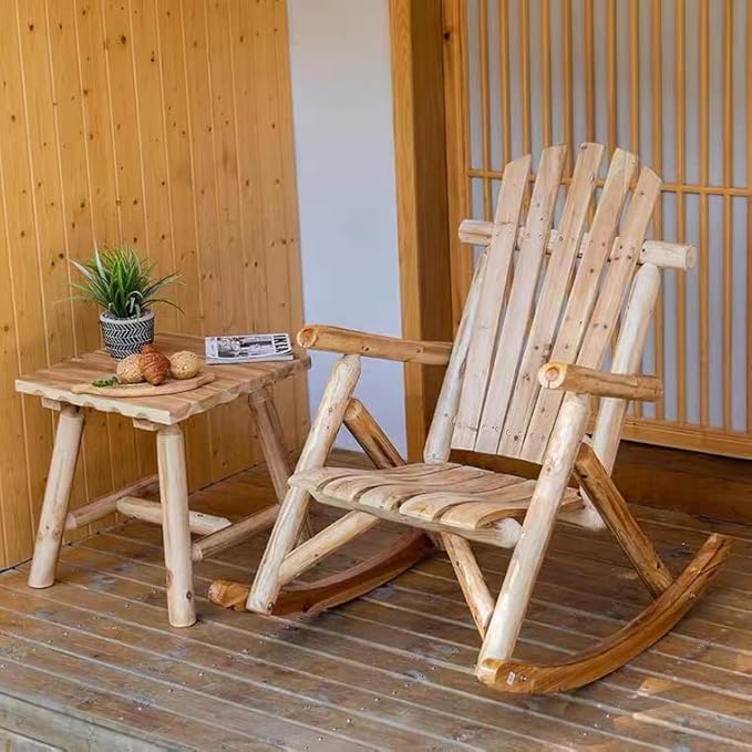 DJL Wooden Rocking Chair Log Outdoor Rocker Outside Patio Lawn Furniture Living Room Porch Comfy Beach Balcony, Heavy Duty, Lightly Toasted