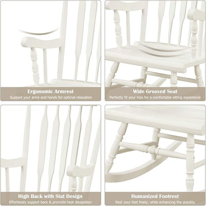 Giantex Outdoor Wood Rocking Chair Set of 2 - Patio Rocking Chair with Rubber Wood Frame, Slat Back, Outside & Indoor Rocker for Garden, Poolside, Balcony, Backyard, Lawn, Front Porch Rocker, White