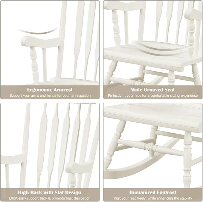 Giantex Outdoor Wood Rocking Chair - Patio Rocking Chair with Solid Rubber Wood Frame, Slat Back, Outside & Indoor Rocker for Garden, Poolside, Balcony, Backyard, Lawn, Front Porch Rocker, White
