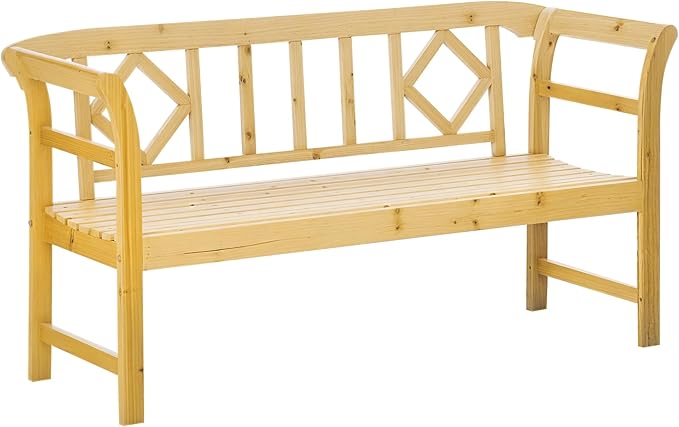 Outsunny Wooden Patio Bench, Outdoor Garden Bench with Backrest and Armrests, 3 Person Porch Bench with Rustic Country Diamond Pattern, Natural