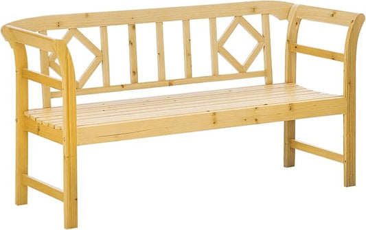 Outsunny Wooden Patio Bench, Outdoor Garden Bench with Backrest and Armrests, 3 Person Porch Bench with Rustic Country Diamond Pattern, Natural