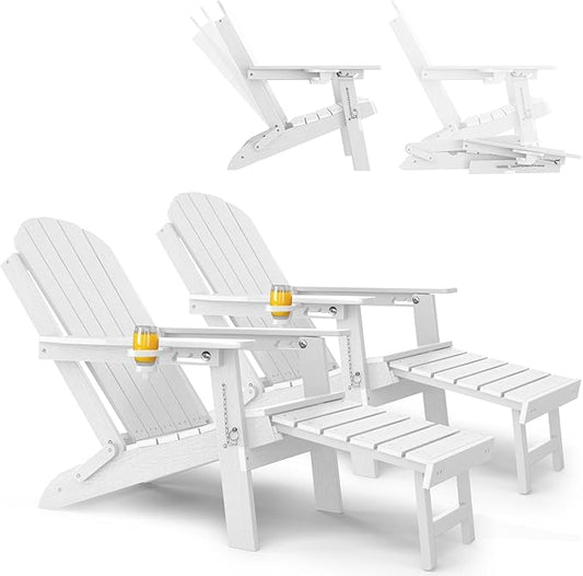 YEFU Adirondack Chair with Retractable Ottoman: Adjustable Folding Adirondack Chairs Set of 2 with Cup Holder - Fire Fit Chairs with Footrest - HDPE Plastic All Weather for Outdoor/Patio/Lawn(White)