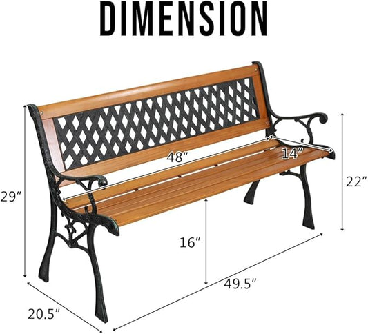 49" Outdoor Wood Bench for Garden, Patio & Porch, 2-Person Bench with Iron Armrests, PVC Backrest, Weather-Resistant Hardwood Seat, Natural Wood & Bronze