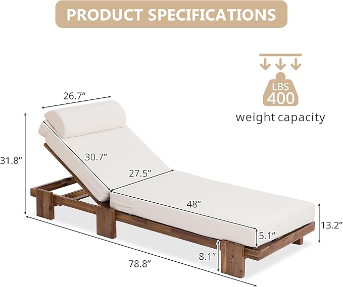 78.8'' Outdoor Patio Chaise Lounge Chair, Acacia Wood Adjustable Recliner with Headrest, Perfect for Terrace, Poolside - Photo 2