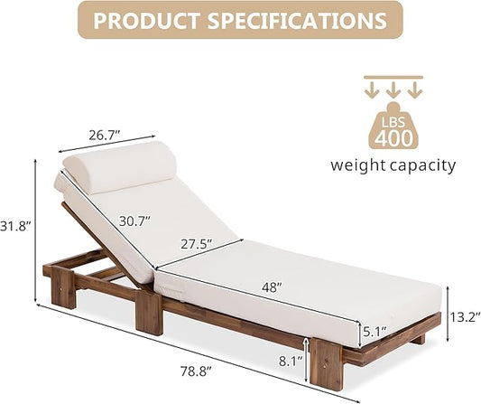 78.8'' Outdoor Patio Chaise Lounge Chair, Acacia Wood Adjustable Recliner with Headrest, Perfect for Terrace, Poolside, Garden, and Beach (Beige-E)