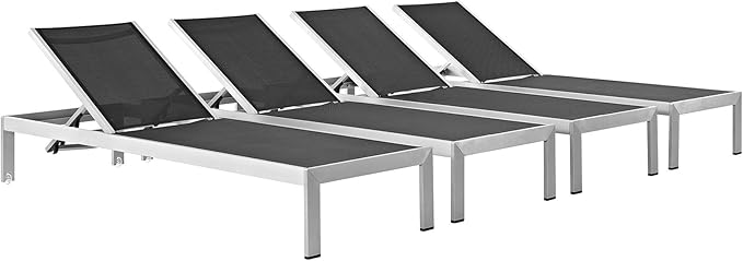 Modway Shore Aluminum Textilene® Mesh Outdoor Patio Four Poolside Chaise Lounge Chairs in Silver Black