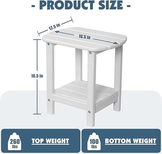 Adirondack Outdoor Side Table, 16.5” HDPE Small Patio Table with Storage Shelf, Weather Resistant End Table for Porch, Pool & Yard (White)