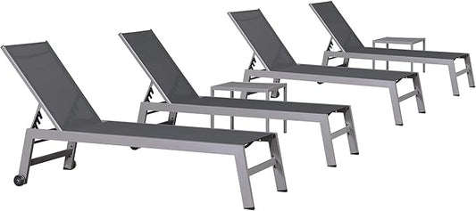 PURPLE LEAF 6-Piece Patio Chaise Lounge Outdoor Pool Lounge Chairs with Adjustable Backrest and Side Tables Aluminum Reclining Sunbathing Tanning Chair for Outside Poolside Yard Balcony, Grey