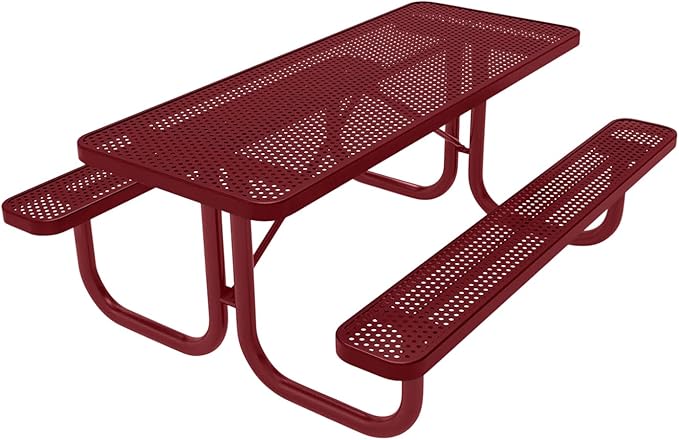 COATEDOUTDOORFURNITURE Heavy-Duty Portable Outdoor Picnic Table, Thermoplastic Coated Punched Steel Commercial-Grade Patio Furniture Made in America (6ft Rectangular, Burgundy with Burgundy Frames)
