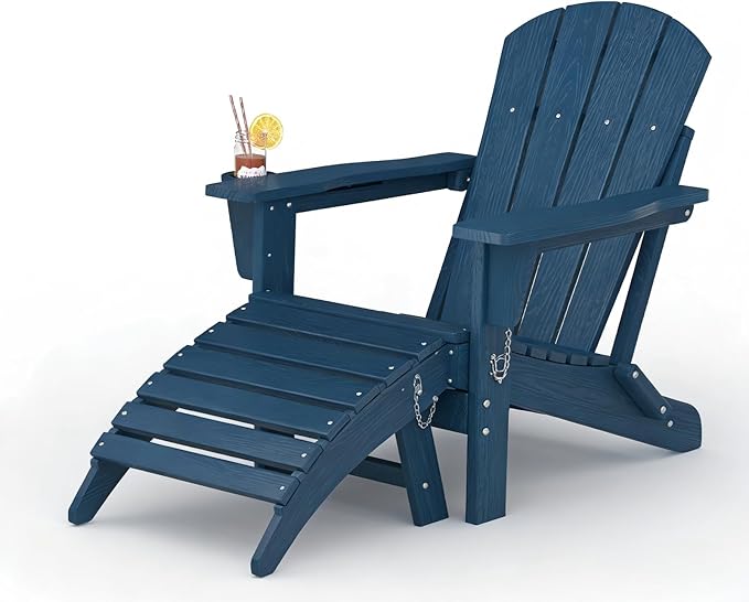 Folding Adirondack Chair Set of 2 with Ottoman, All-Weather HDPE Outdoor Chair, Wooden Textured with Cup Holder for patios, Decks, Gardens, fire pits, Navy Blue