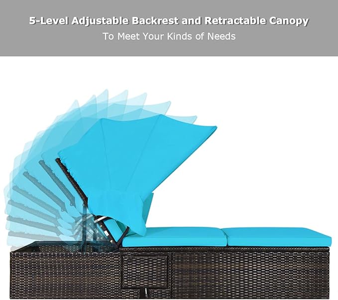 Tangkula Outdoor Chaise Lounge Chair with Folding Canopy, Adjustable Cushioned Reclining Chair with Flip-up Tea Table, Rattan Sun Lounger for Beach Poolside Backyard Balcony Porch (1, Turquoise)