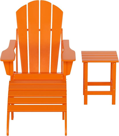 WestinTrends Malibu Outdoor Lounge Chairs, 3-Pieces Adirondack Chair Set with Ottoman and Side Table, All Weather Poly Lumber Patio Lawn Folding Chair for Outside Pool Garden Backyard, Orange