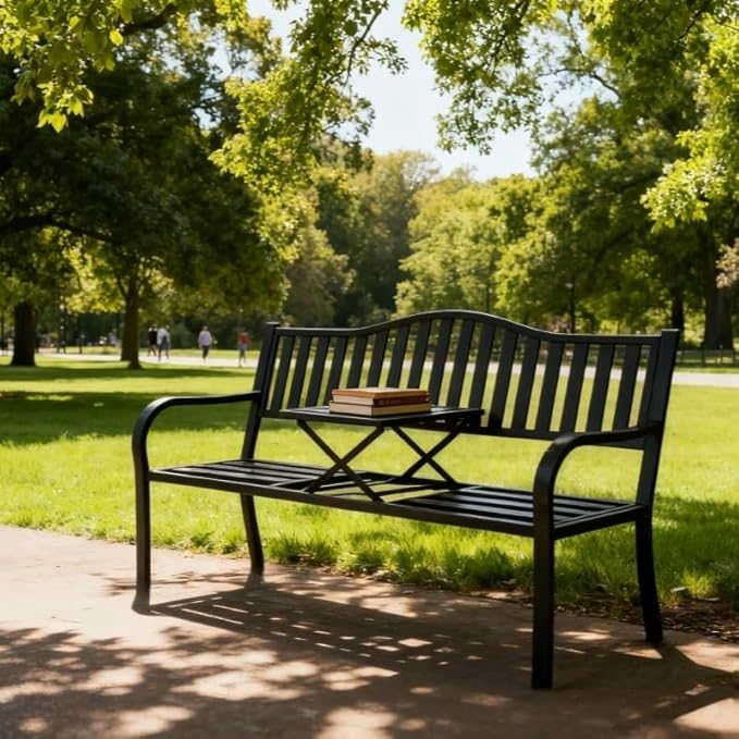 SHGJ&SOFT Outdoor Bench, Garden Bench,Outdoor Metal Frame Patio Park Bench with a Small Table,for Porch, Lawn,Garden,Yard (BK04-2PACK)