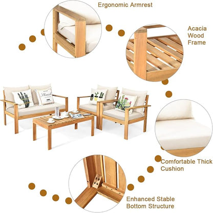 COSTWAY 8 Pieces Outdoor Acacia Wood Sofa Set, Outdoor Conversation Sofa Set with Table & Cushions Porch Chairs for Garden, Patio, Deck