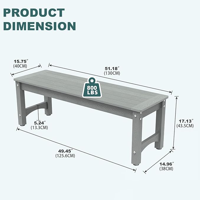 51" 2-Person Outdoor Bench, Weatherproof HIPS Patio Dining Bench Holds up to 800LBS, Poly Lumber Garden Bench with Wood Grains for Porch, Garden, Deck, Entryway, Grey