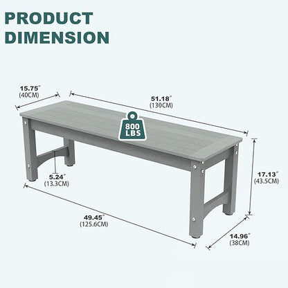 51" 2-Person Outdoor Bench, Weatherproof HIPS Patio Dining Bench Holds up to 800LBS, Poly Lumber Garden Bench with Wood Grains for Porch, Garden, Deck, Entryway, Grey