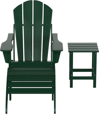 WestinTrends Malibu Outdoor Lounge Chairs, 3-Pieces Adirondack Chair Set with Ottoman and Side Table, All Weather Poly Lumber Patio Lawn Folding Chair for Outside Pool Garden Backyard, Dark Green