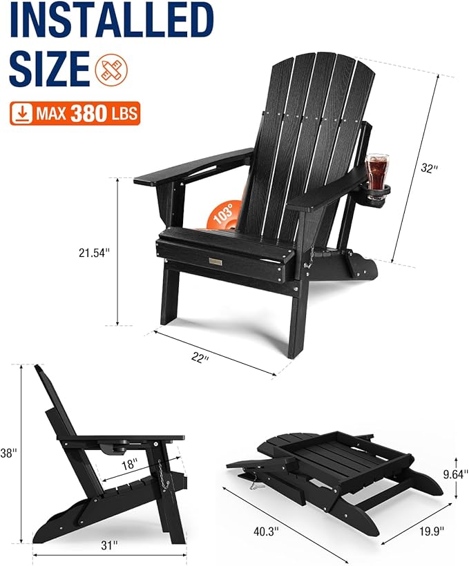 Adirondack Chair with Cup Holder: Folding Adirondack Chairs Plastic HDPE Material Furniture - Composite Fire Pit Chairs Foldable for Outdoor/Backyard/Garden/Lawn/Deck/Porch/Patio
