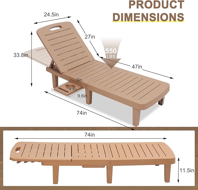CDCASA Outdoor Chaise Lounge Set of 4, Pool Lounge Chairs w/5 Adjustable Positions & Side Tray, Waterproof Resin Lounges for Poolside,Yard,Garden,Sunbathing, for All Weather, Brown