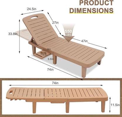 CDCASA Outdoor Chaise Lounge Set of 2, Pool Lounge Chairs w/5 Adjustable Positions & Side Tray, Waterproof Resin Lounges for Poolside,Yard,Garden,Sunbathing, for All Weather, Brown