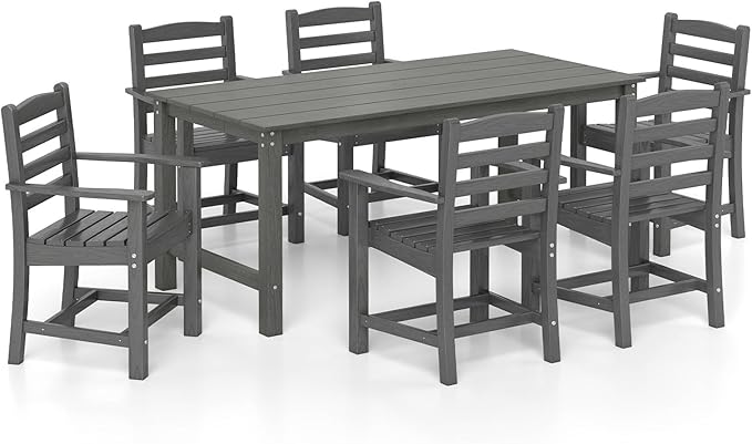 Tangkula 7 Pcs Outdoor Dining Table Set for 6, 67” HDPE Weather-Resistant Patio Rectangle Table & 6 Armchairs w/Curved Seat, Umbrella Hole, Wood Grain, Plastic Dining Furniture (Gray, 7 Pcs)