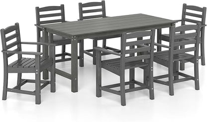 Tangkula 7 Pcs Outdoor Dining Table Set for 6, 67” HDPE Weather-Resistant Patio Rectangle Table & 6 Armchairs w/Curved Seat, Umbrella Hole, Wood Grain, Plastic Dining Furniture (Gray, 7 Pcs)
