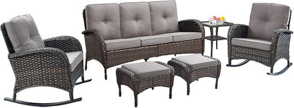 Belord Patio Rocking Chairs Furniture Set of 6, Outdoor Wicker Furniture Sets with Wicker Rocker, Small Patio Conversation Sets with Outdoor Couch Ottomans Brown/Grey