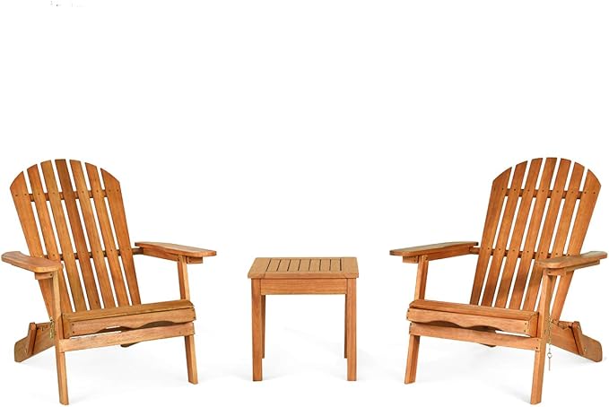 Giantex Adirondack Chair Set 3-Piece Foldable Wooden Chairs Set W/Widened Armrest, Eucalyptus Frame and Side Table Outdoor & Indoor Table Set for Patio Poolside Garden, Set of 3 Wooden Lounger Chair