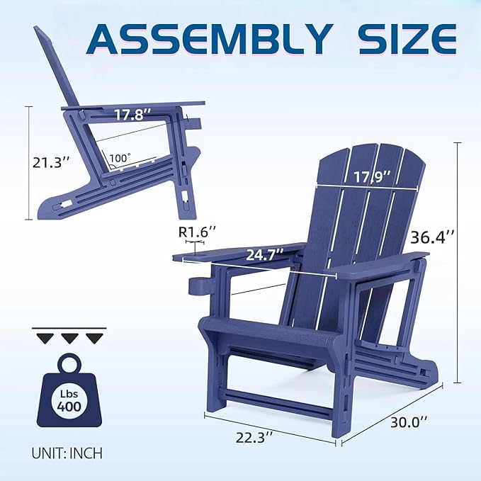 FONTOI Adirondack Chair, Plastic Adirondack Chair with Cup Holder, Outdoor Weather Resistant Lawn Furniture, 400 LBS Capacity Recliner, Garden Backyard Patio Without Screws Install, Navy Blue