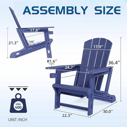 FONTOI Adirondack Chair, Plastic Adirondack Chair with Cup Holder, Outdoor Weather Resistant Lawn Furniture, 400 LBS Capacity Recliner, Garden Backyard Patio Without Screws Install, Navy Blue