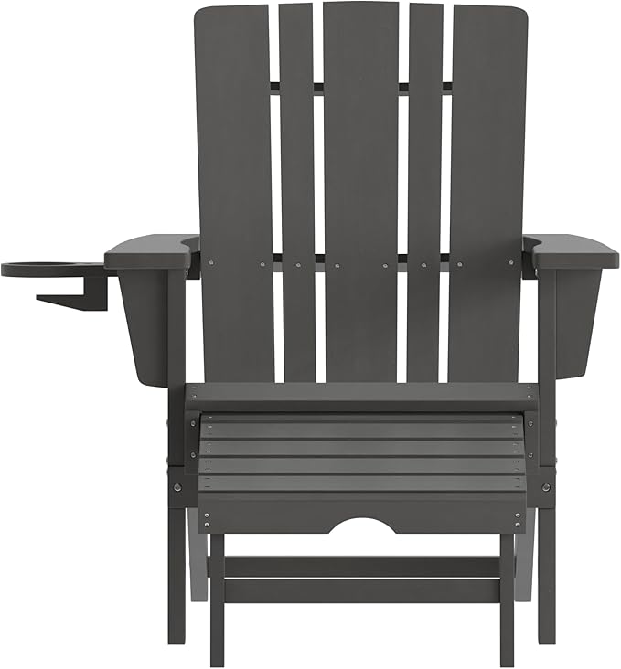 Taylor & Logan Hedley Adirondack Chair with Cup Holder and Pull Out Ottoman, All-Weather HDPE Indoor/Outdoor Lounge Chair in Gray, Set of 2