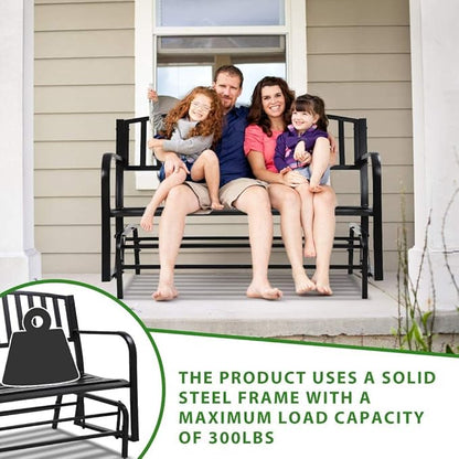 Dkeli Patio Glider Bench Outdoor Park Bench Garden Bench Metal Cast Iron 50” Fornt Porch Chair Cushion with Armrest for Outdoor Yard Balcony Entryway, Black