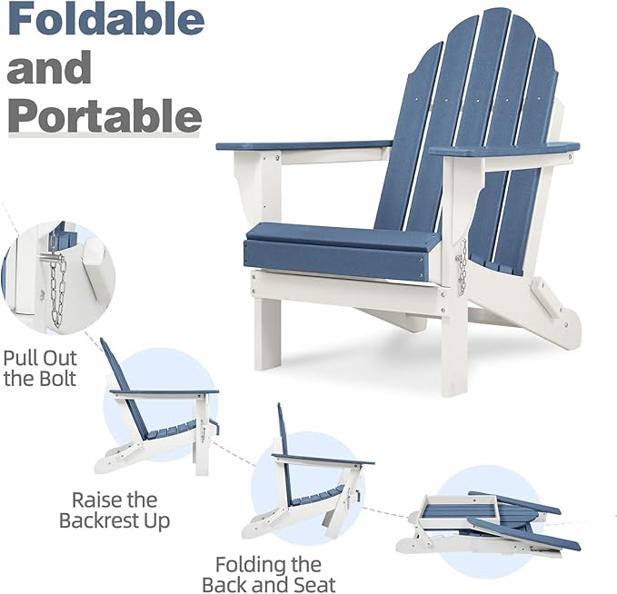 Aoodor HDPE Outdoor All-Weather Folding Adirondack Chair for Patio, Garden, Backyard, Lawn, Fire Pit, Set of 2, Navy Blue