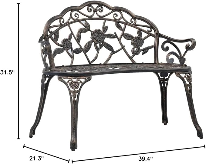 Bistro Bench, with backrest and Armchair, Garden Bench, Park Bench for Yard, Garden, Patio, Lawn, 39.4" Bronze Cast Aluminum