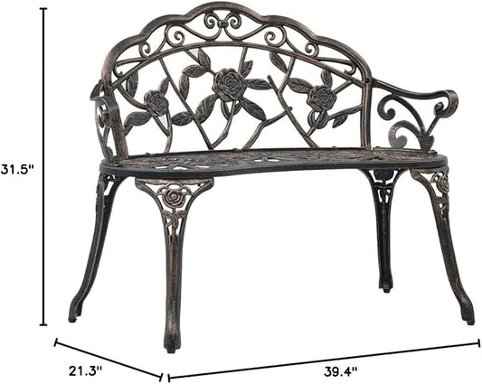Bistro Bench, with backrest and Armchair, Garden Bench, Park Bench for Yard, Garden, Patio, Lawn, 39.4" Bronze Cast Aluminum