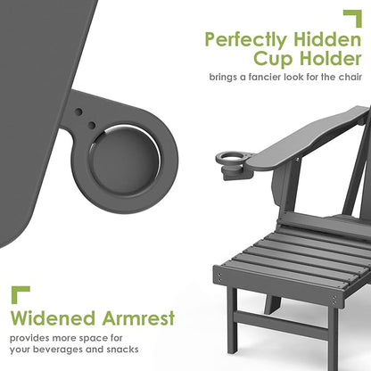GREENVINES Adirondack-Chairs-with-Ottoman | Folding | Retractable-Footrest | HDPE Plastic | All Weather Fire Pit Chair | Cup Holders | Grey | for Outdoor Poolside