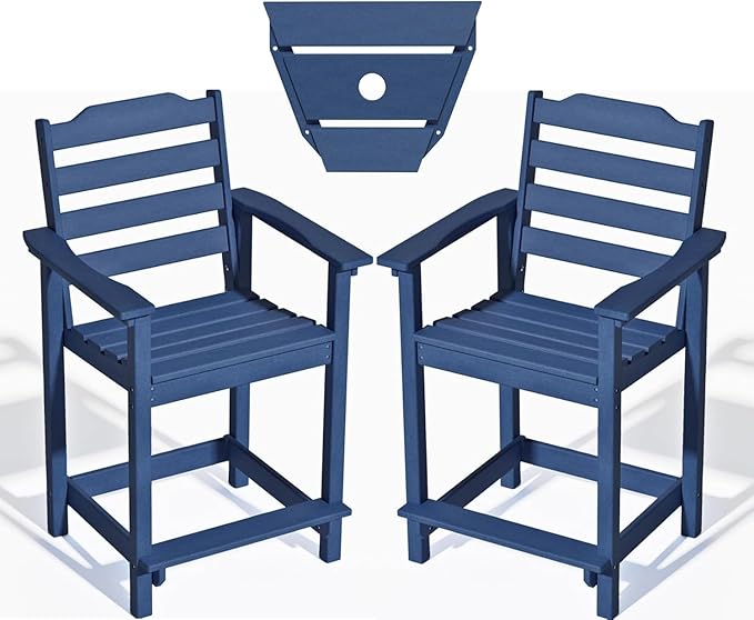 Tall Adirondack Bar Stool Set of 2, Heavy-Duty Counter Height Chair with Ergonomic Seat, Durable Patio Barstool for Backyard, Deck, Poolside, Blue