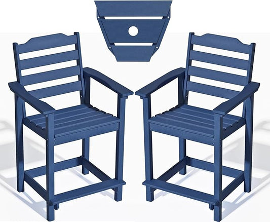 Tall Adirondack Bar Stool Set of 2, Heavy-Duty Counter Height Chair with Ergonomic Seat, Durable Patio Barstool for Backyard, Deck, Poolside, Blue