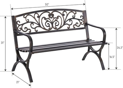 MFSTUDIO Outdoor Metal Bench Set of 2, 50 Inches Outdoor Garden Bench, Cast Iron Metal Frame Patio Park Bench with Floral Pattern Backrest, Arch Legs for Porch Lawn Yard, Bronze