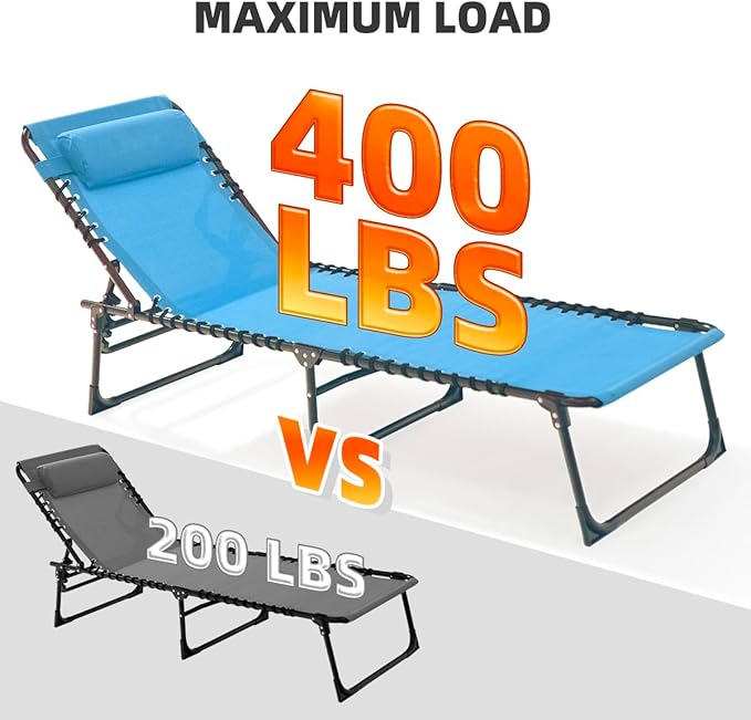 Patio Lounge Chair Folding Chaise Bed - Heavy-Duty 400lb Capacity Portable Adjustable Recliner w/Pillow for Pool - Photo 4