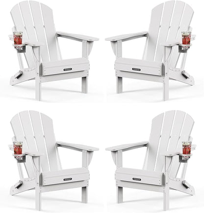 MUCHENGHY Folding Adirondack Chairs 4 Pack, Patio Chairs, Lawn Chairs, Outdoor Chairs, Adirondack Chair Plastic, Fire Pit Chairs, Weather Resistant with Cup Holder for Deck, Backyard, Garden(White)