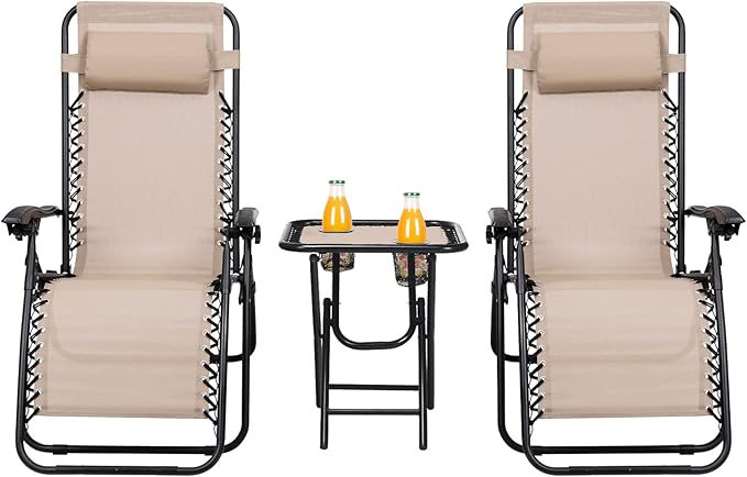 HAPPYGRILL Zero Gravity Lounge Chairs Set with Coffee Table, Folding Reclining Chairs with Side Table and Pillow, 3 Pieces Adjustable Patio Lawn Recliner Set for Outdoor Garden Camp Travel